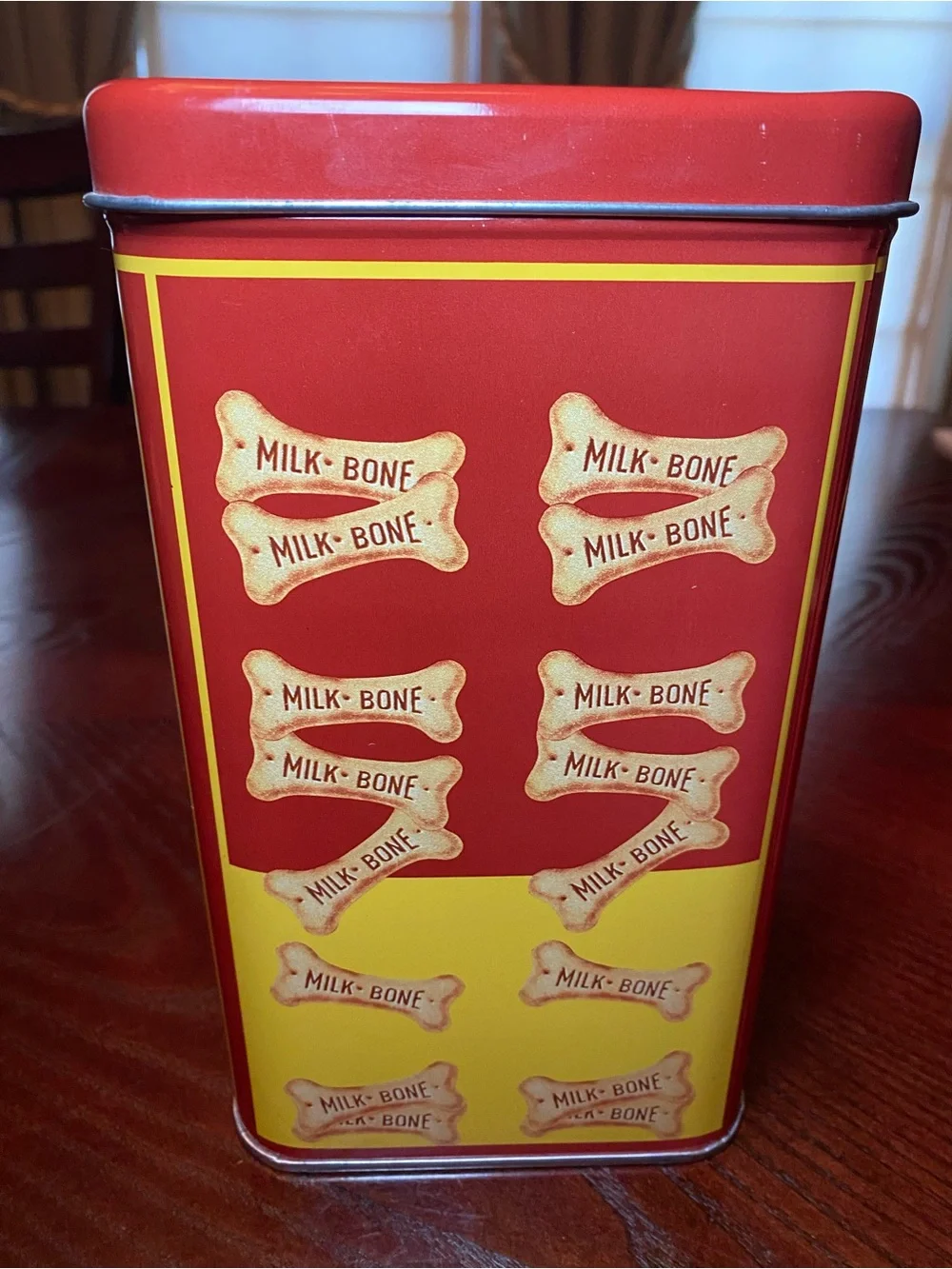 Vintage Red and Yellow Milk-Bone Dog Biscuits Tin Can 9x6x5